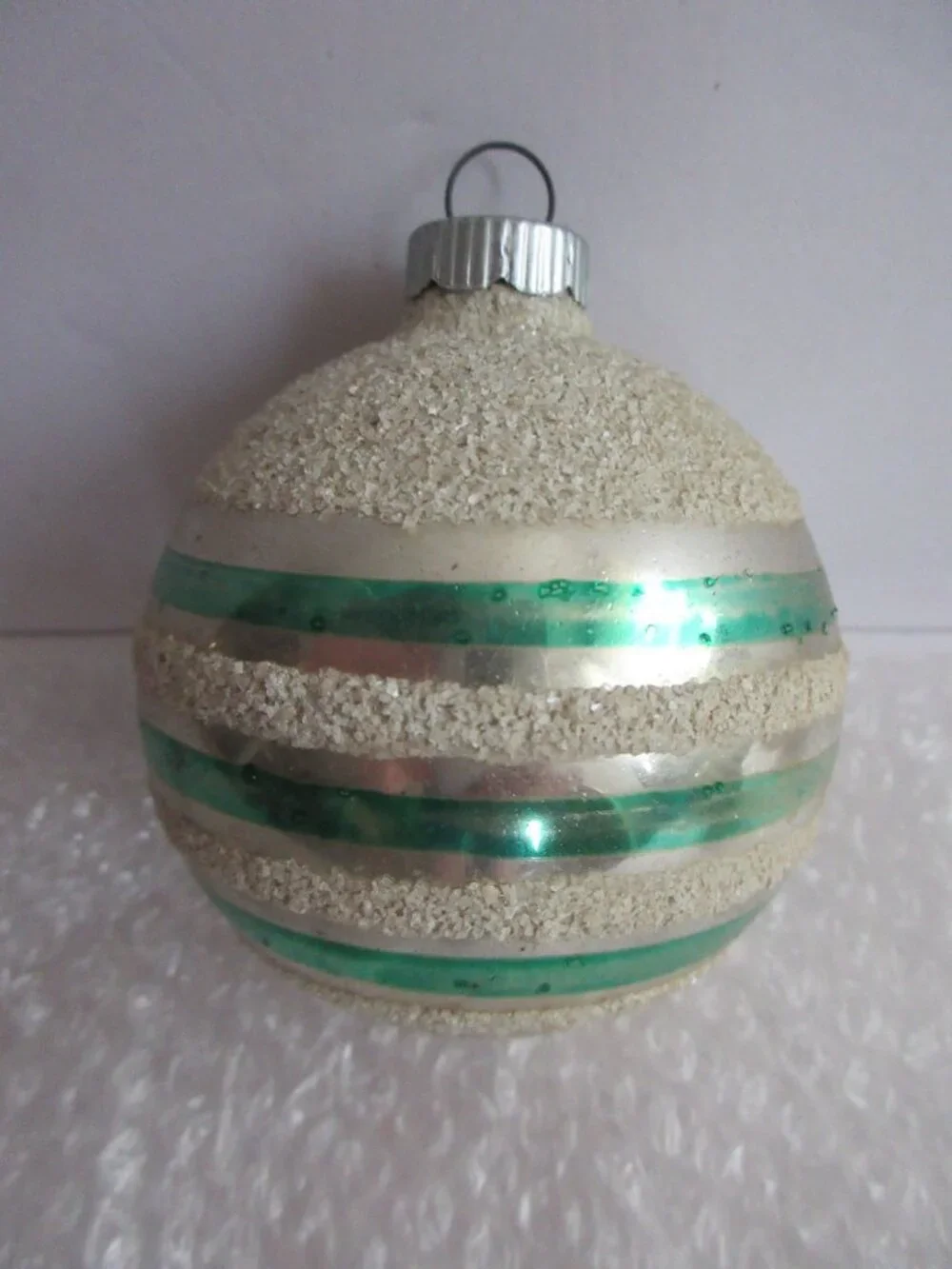 3 Shiny Brite Striped Mica Glass Christmas Ornaments Green, Pink, White Vtg
